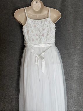 lilt White Lace Bodice Tulle Formal Dress with Satin Waist Tie